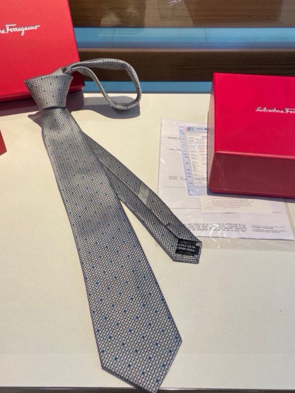 Salvatore Ferragamo Silver-Gray Silk Tie with Blue Microdots